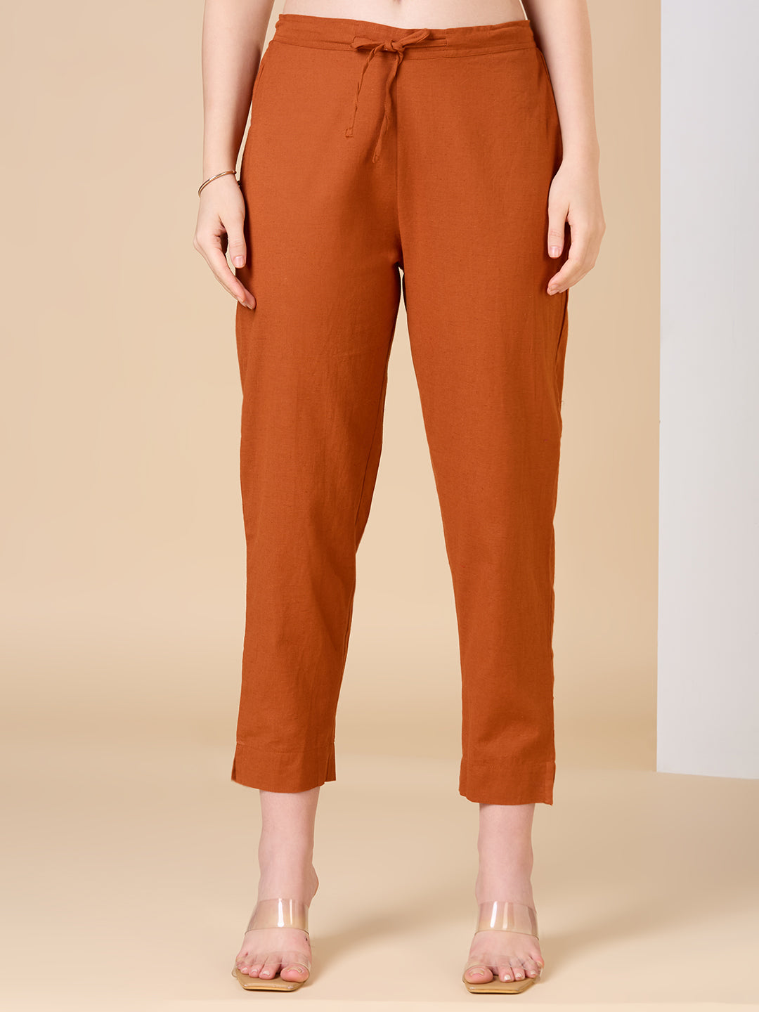 Solid Floral Embroidered A-line Kurta with Pant - Rust