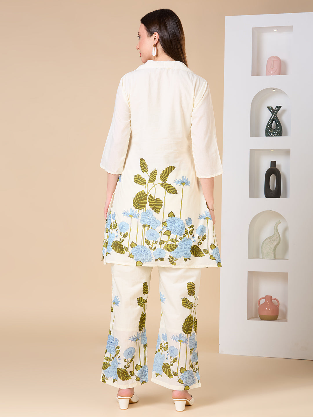 Solid Floral Printed & Hand Embroidered A-Line Co-ord Set - Cream