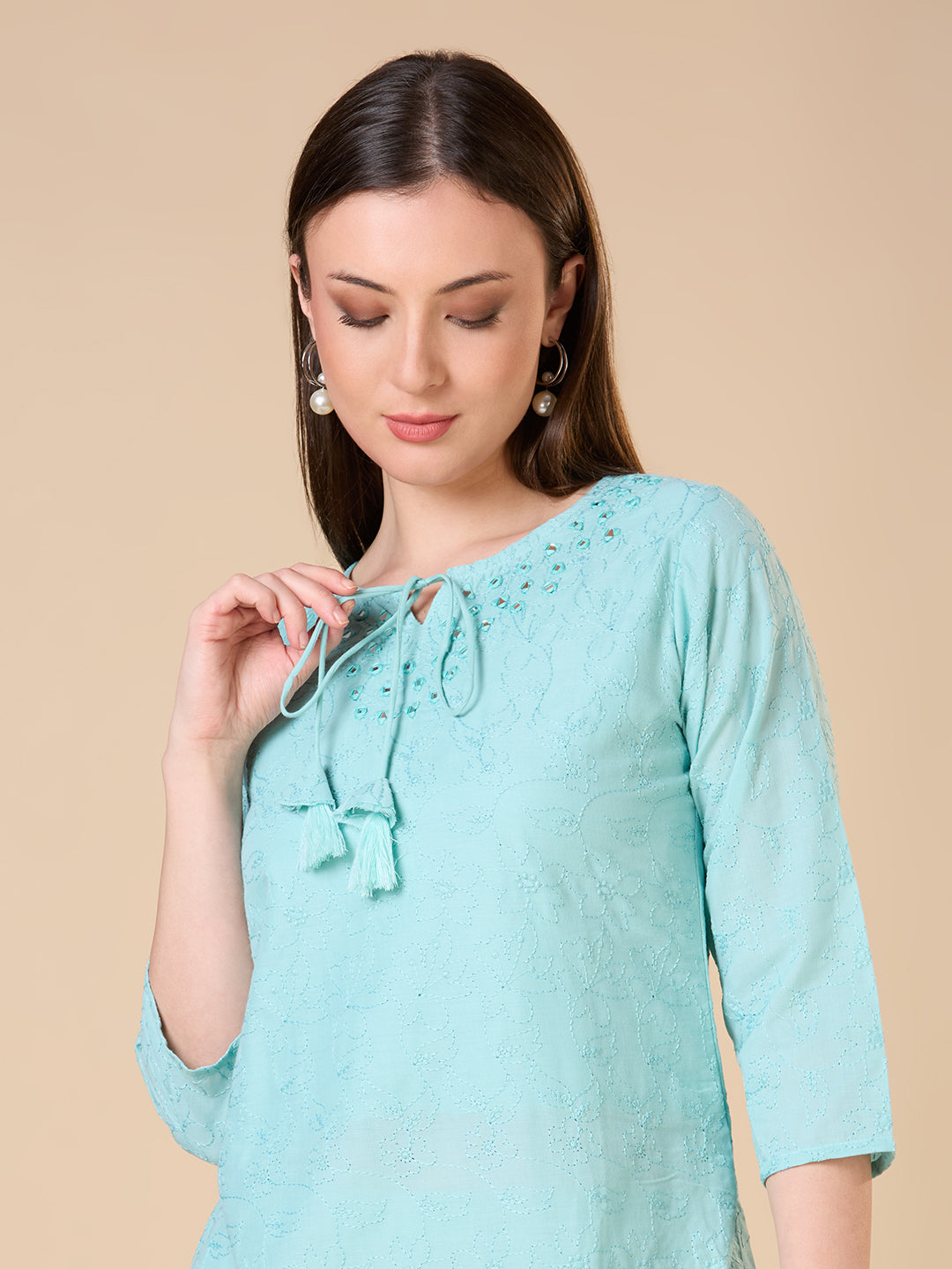 Floral Threadwork Embroidered A-Line Kurta with Pant -Mint Green