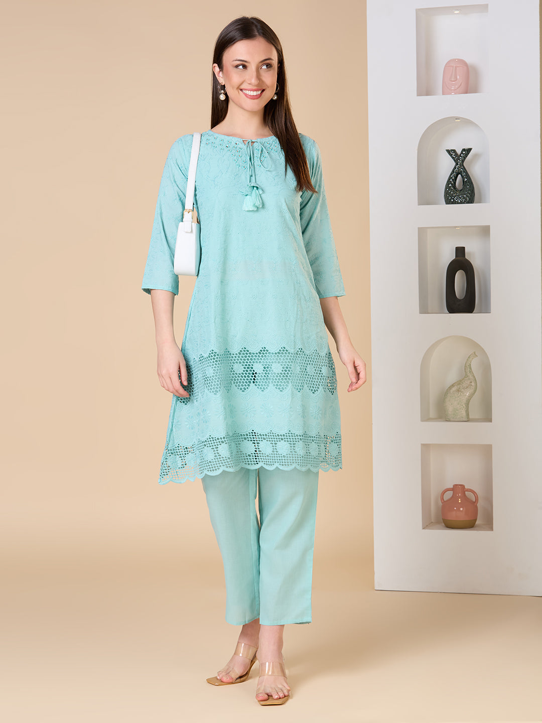 Floral Threadwork Embroidered A-Line Kurta with Pant -Mint Green