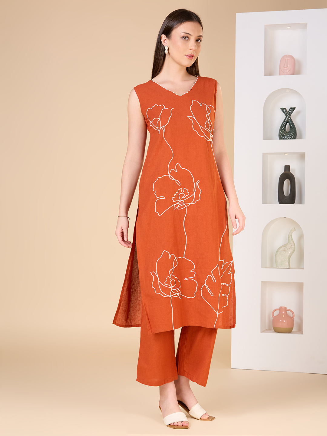 Solid Floral Threadwork Embroidered Straight Fit Co-ord Set - Rust