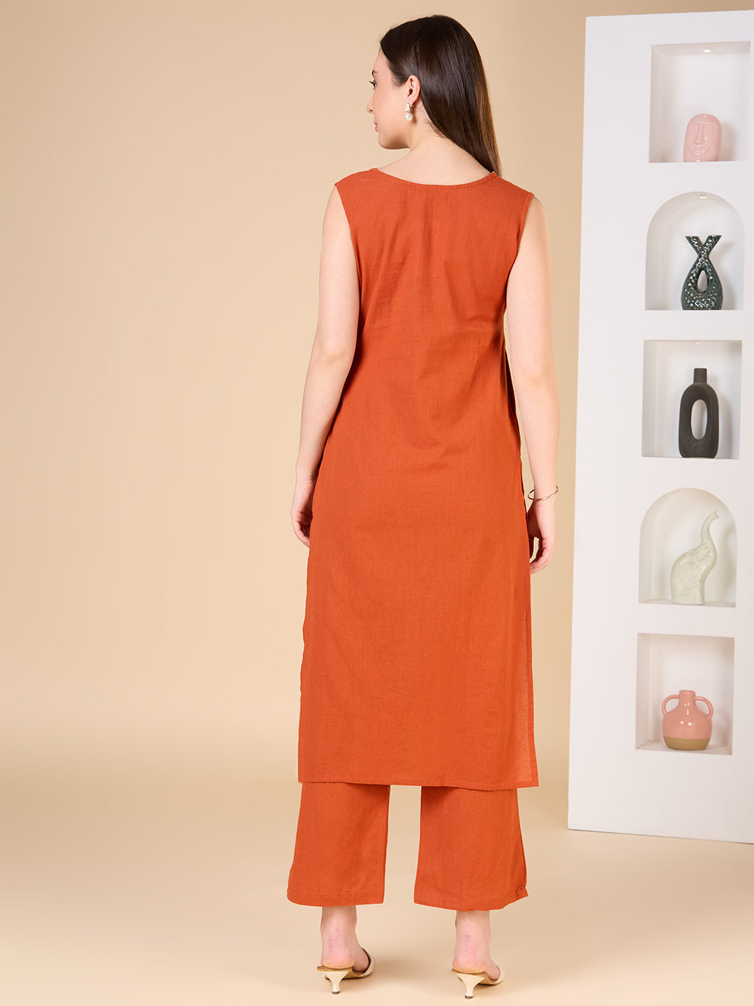 Solid Floral Threadwork Embroidered Straight Fit Co-ord Set - Rust