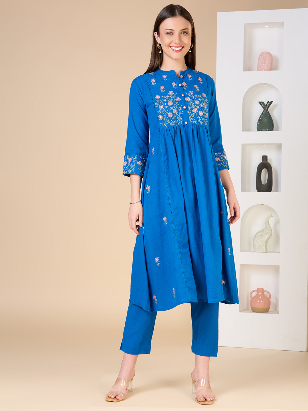 Solid Floral Embroidered A-line Kurta with Pant - Blue