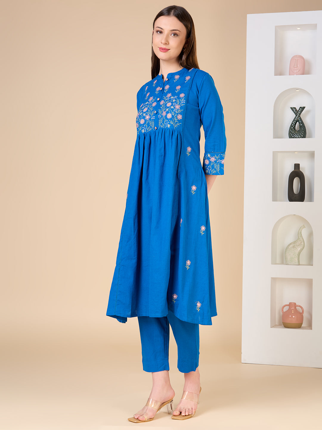 Solid Floral Embroidered A-line Kurta with Pant - Blue