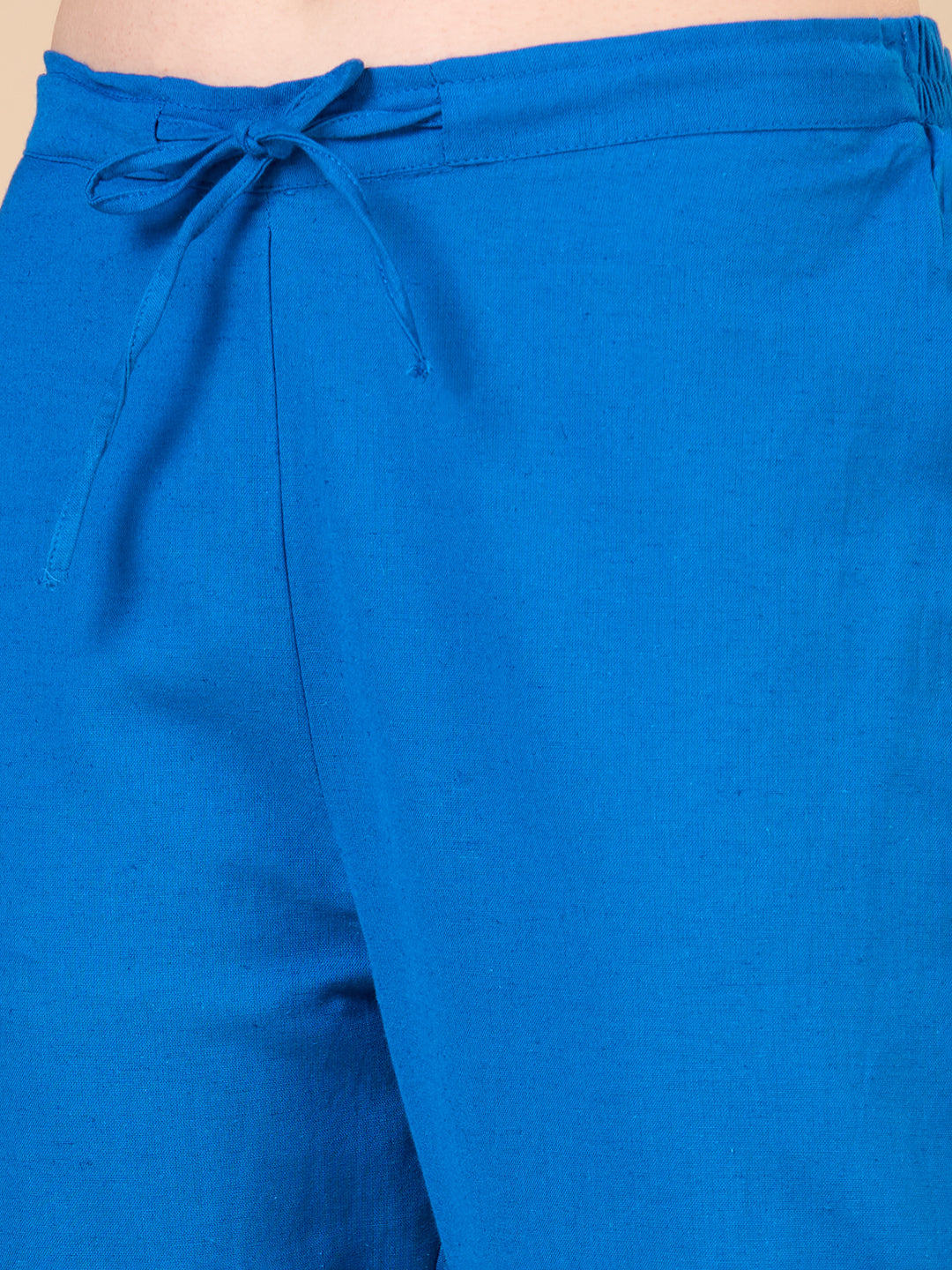 Solid Floral Embroidered A-line Kurta with Pant - Blue