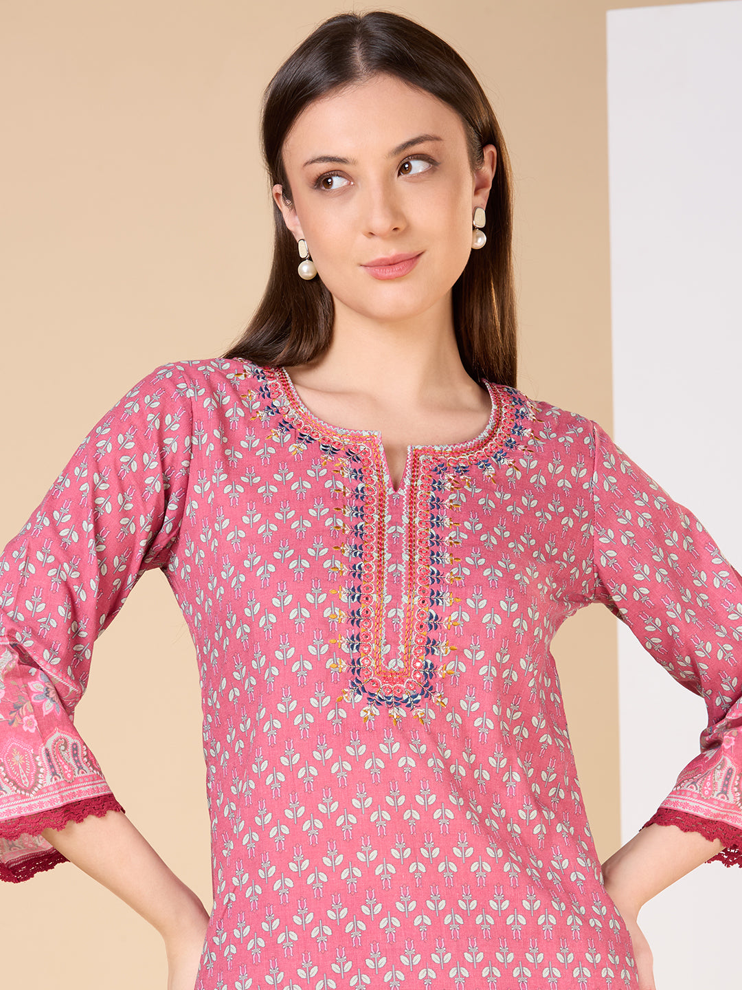 Ethnic Floral Printed & Embroidered Straight Fit Kurta with Pant- Pink