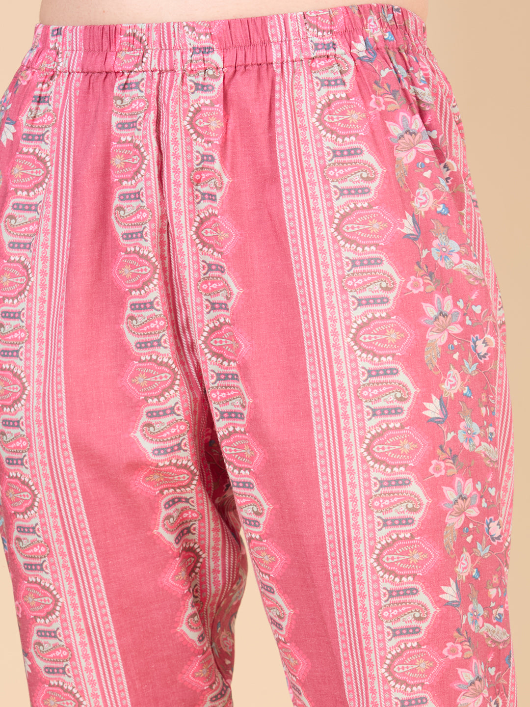 Ethnic Floral Printed & Embroidered Straight Fit Kurta with Pant- Pink