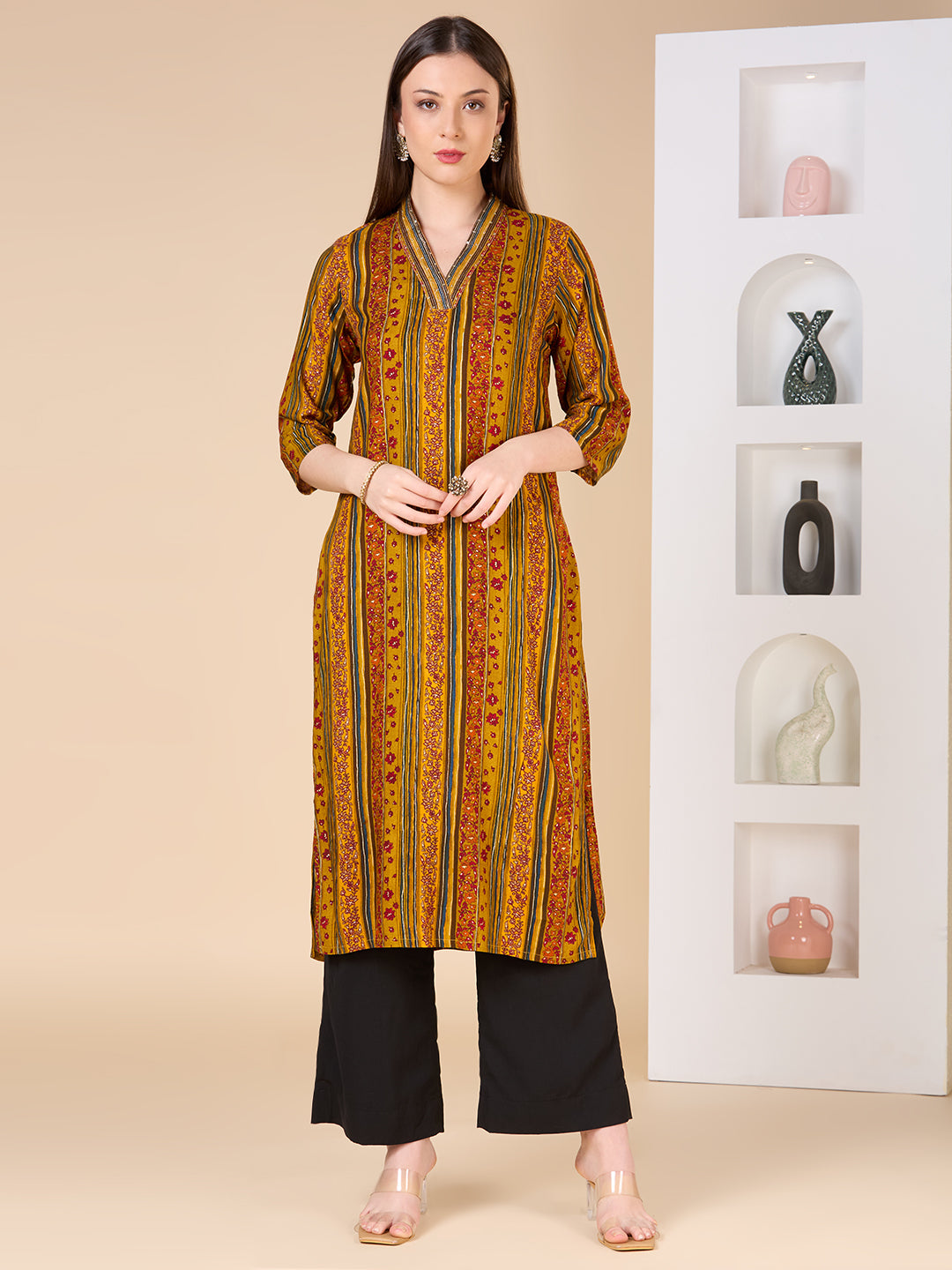 Stripes Floral Printed Straight Fit Kurta - Mustard