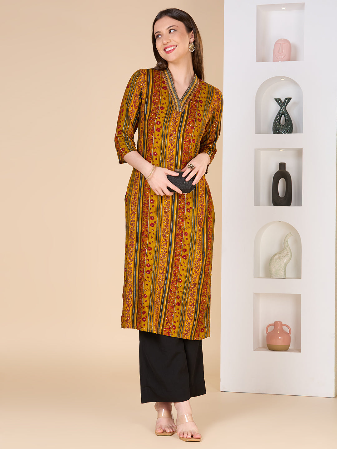Stripes Floral Printed Straight Fit Kurta - Mustard