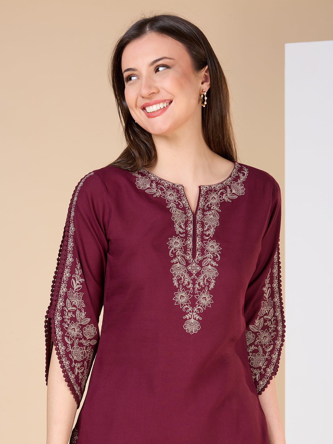 Solid Ethnic Embroidered Straight Fit Co-ord Set - Burgundy