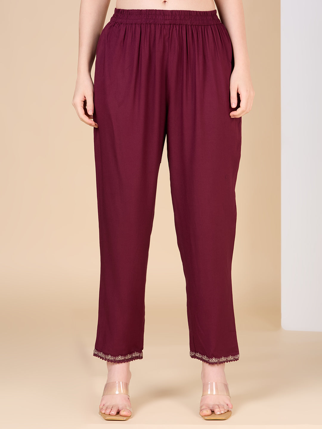 Solid Ethnic Embroidered Straight Fit Co-ord Set - Burgundy