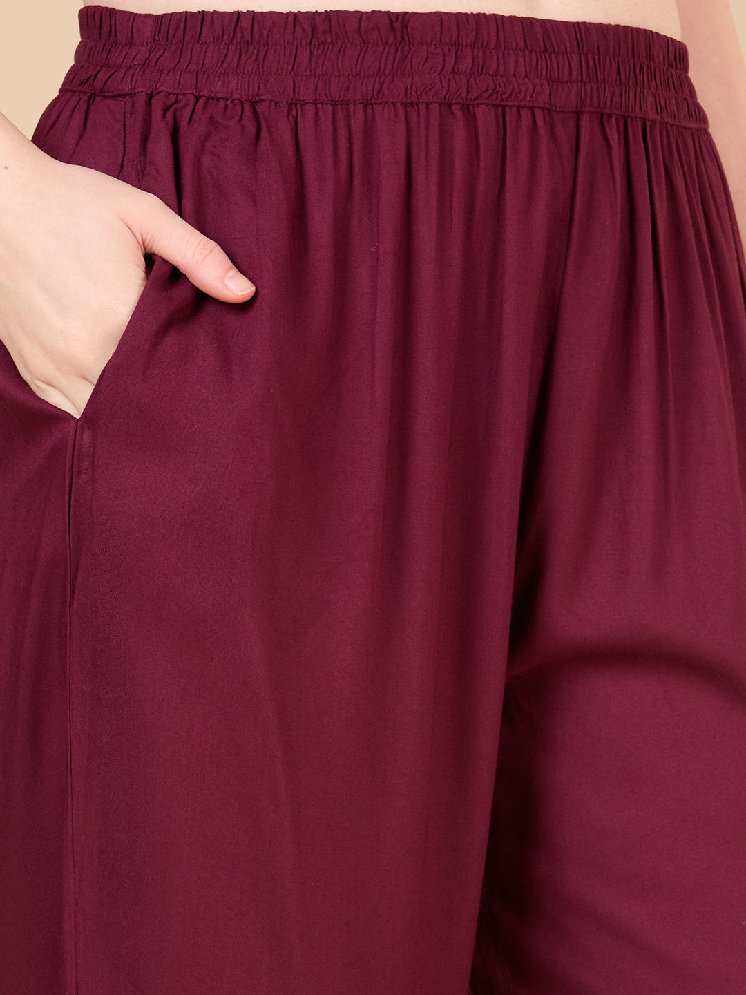 Solid Ethnic Embroidered Straight Fit Co-ord Set - Burgundy