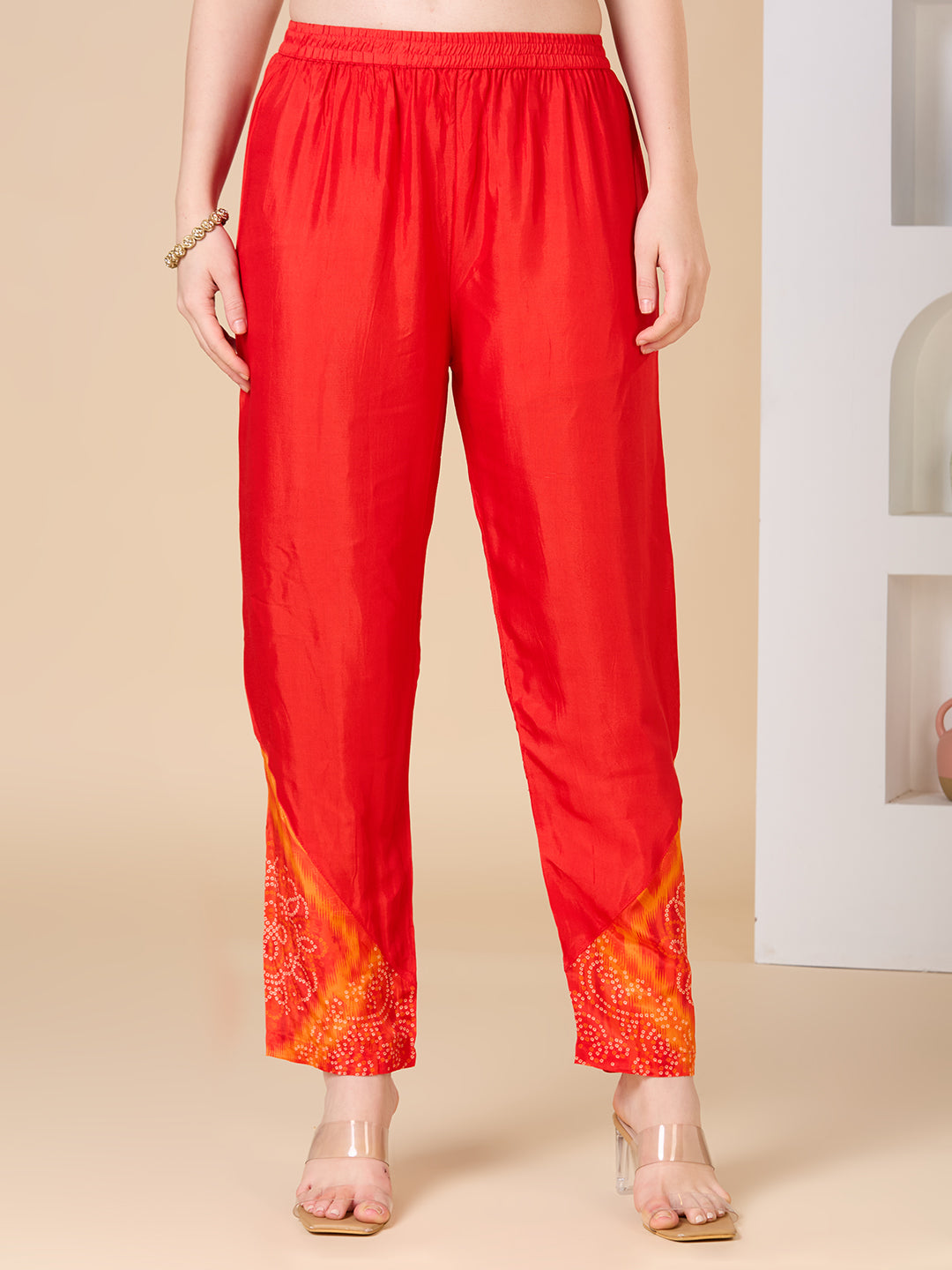 Bandhani Printed Embroidered Straight Fit Kurta with Pant and Dupatta - Orange