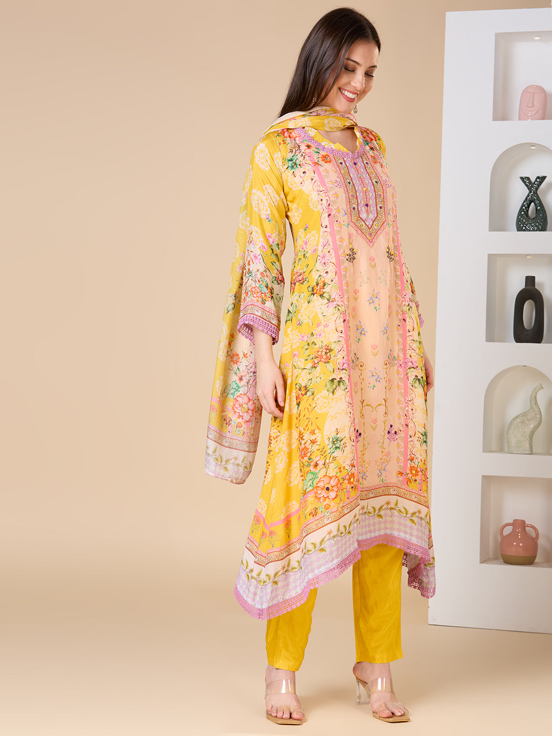 Ethnic Floral Printed A-Line Kurta with Pant and Dupatta - Yellow
