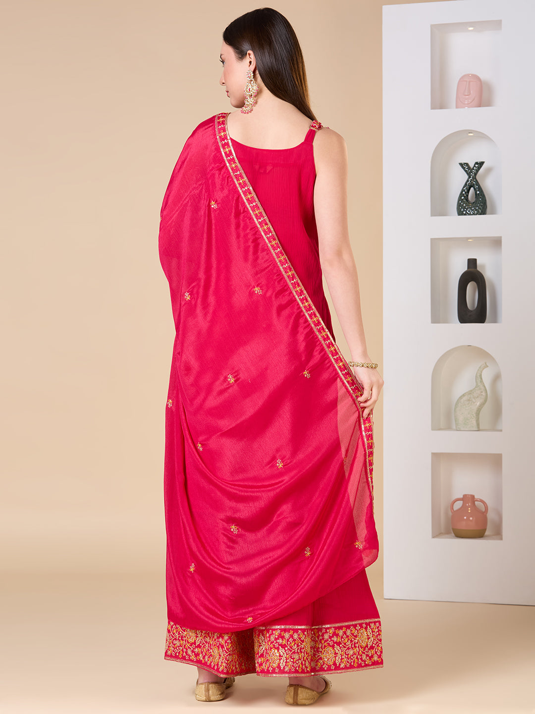 Solid Ethnic Embroidered Straight Fit Kurta with Flared Palazzo and Dupatta - Rani