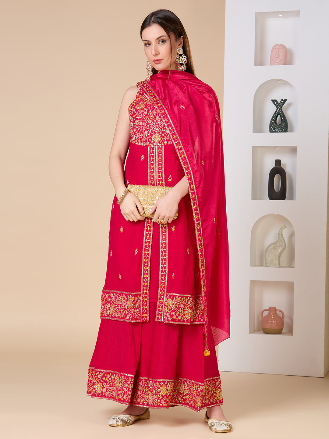 Solid Ethnic Embroidered Straight Fit Kurta with Flared Palazzo and Dupatta - Rani