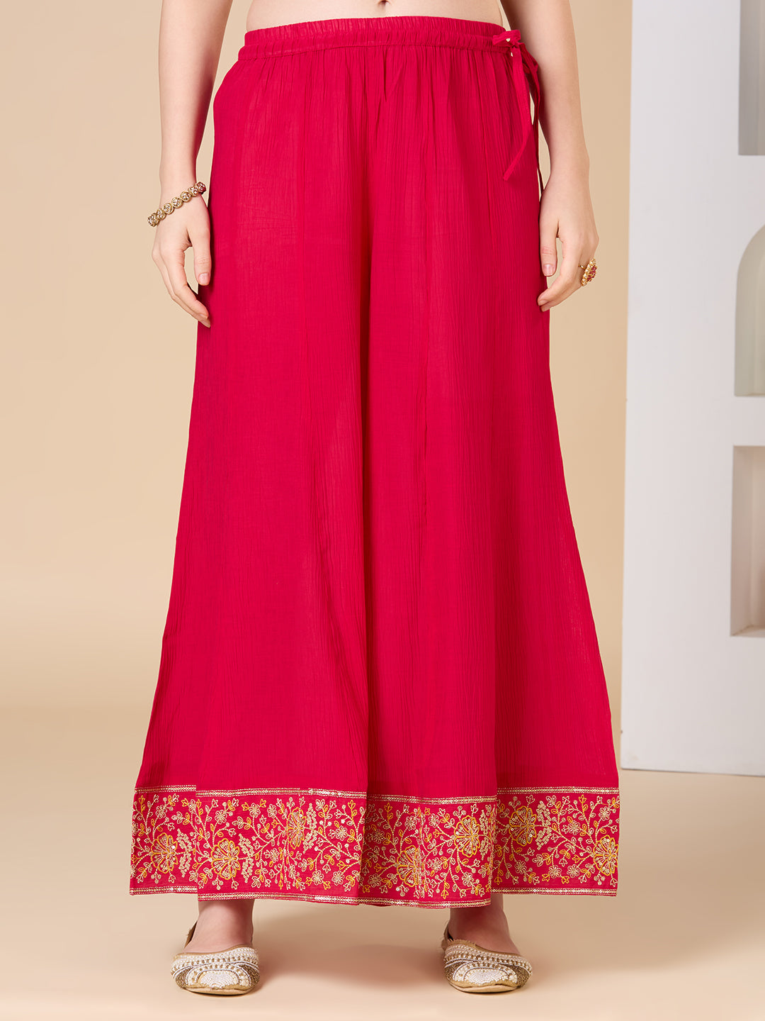 Solid Ethnic Embroidered Straight Fit Kurta with Flared Palazzo and Dupatta - Rani
