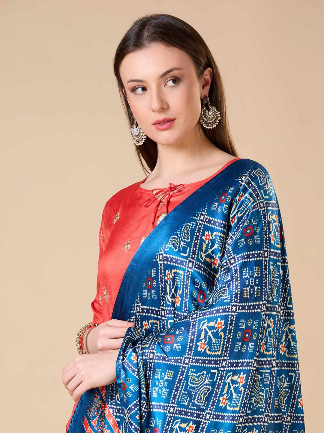Solid Ethnic Embroidered Straight Fit Kurta with Palazzo and Dupatta - Coral