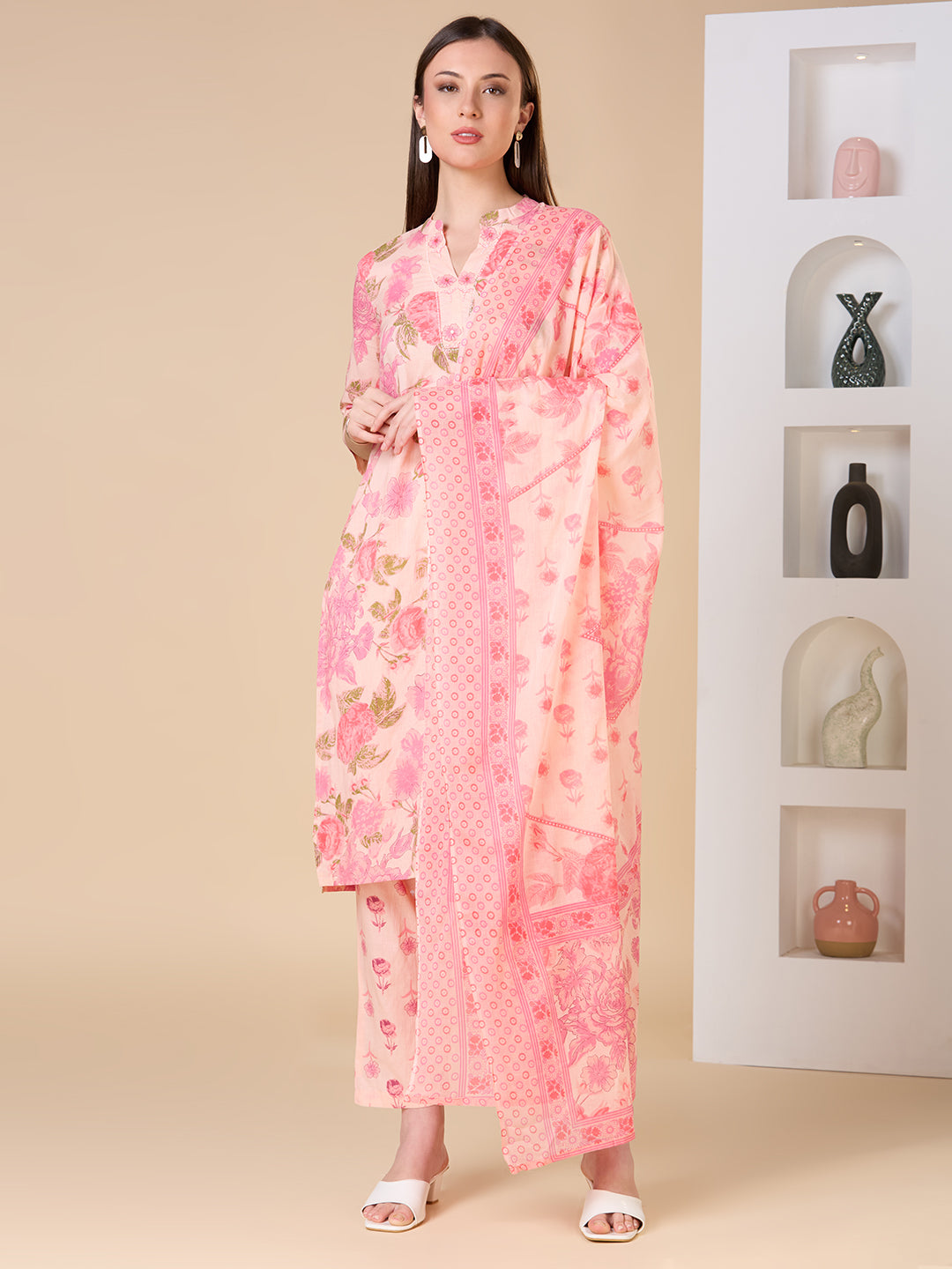 Floral Printed Embroidered Straight Fit Kurta with Pant and Dupatta - Pink