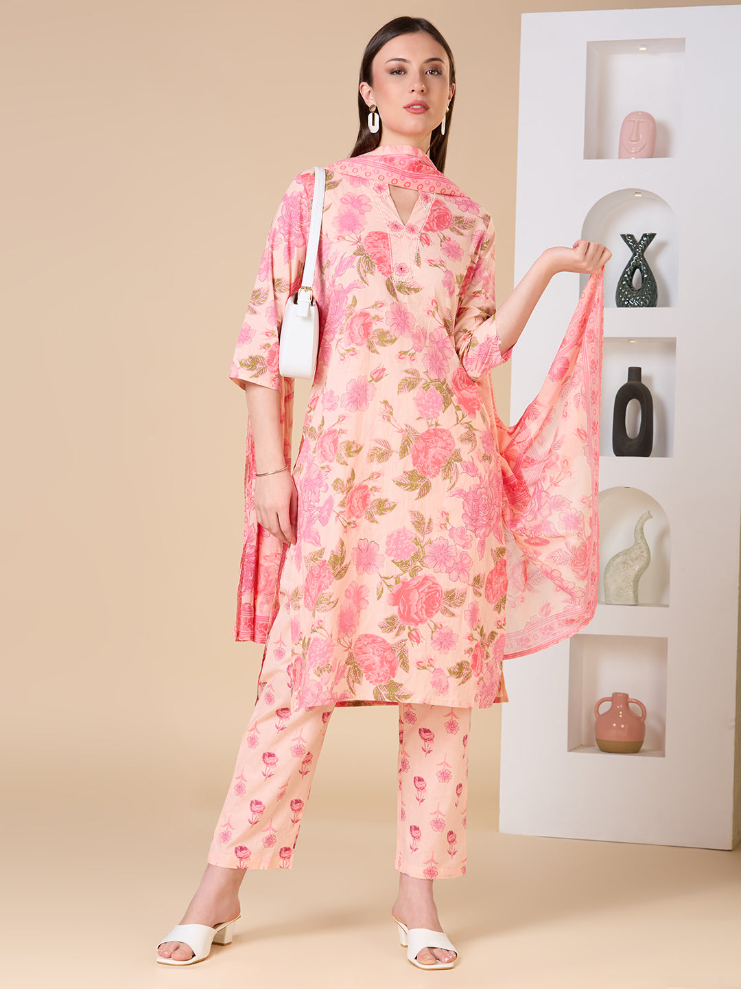 Floral Printed Embroidered Straight Fit Kurta with Pant and Dupatta - Pink