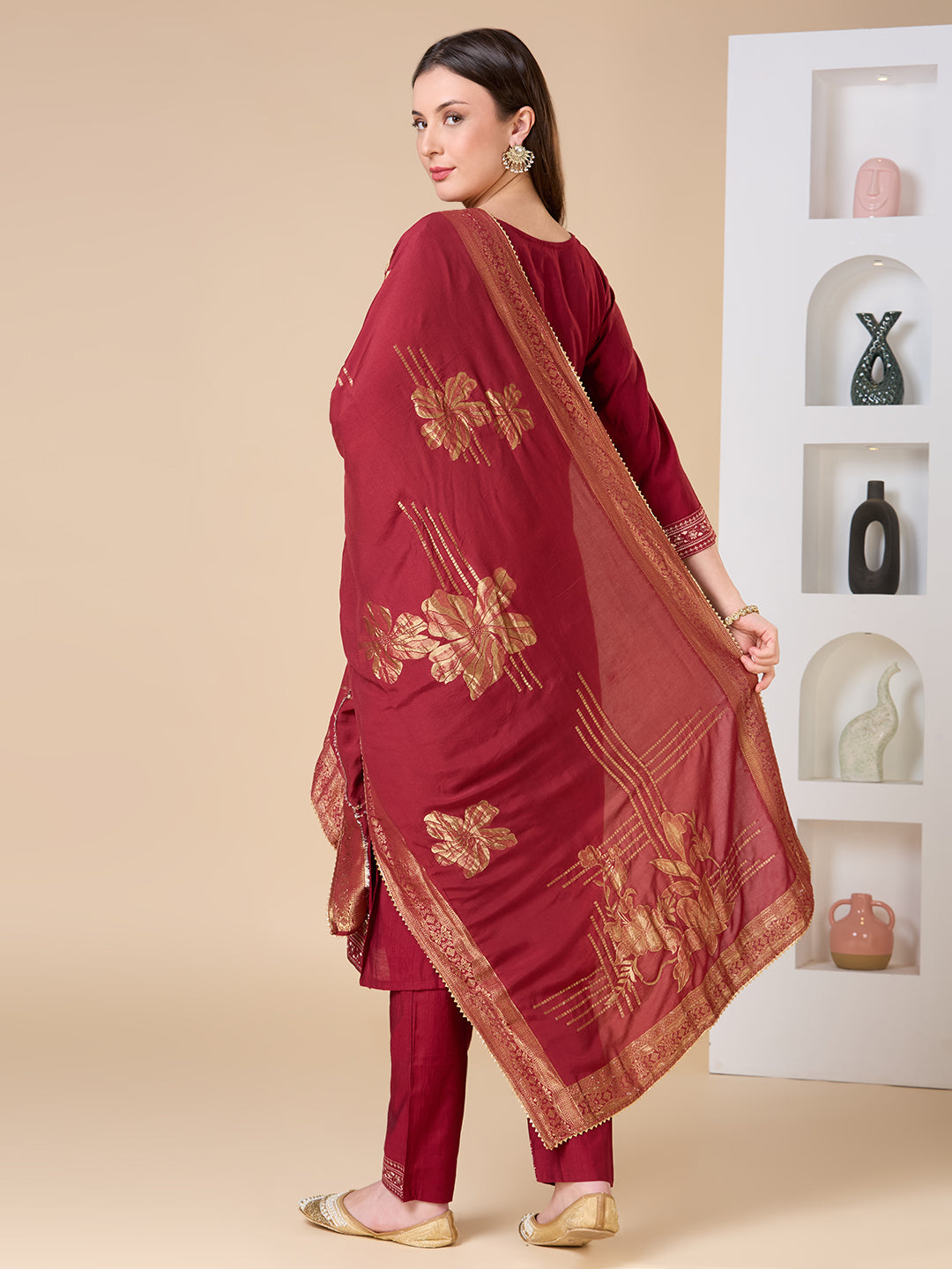 Ethnic Floral Printed Embroidered Straight Fit Kurta with Pant and Dupatta - Maroon