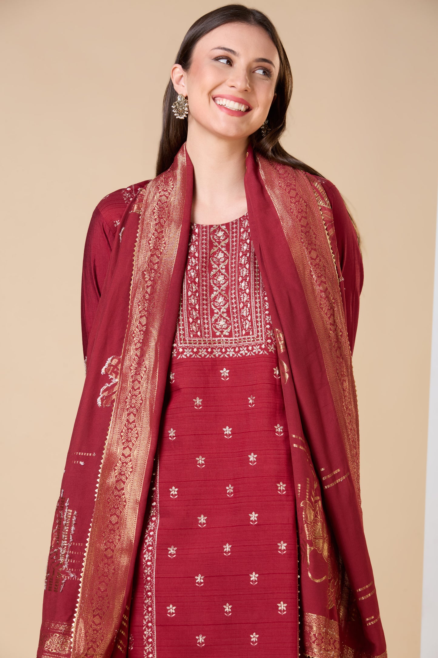 Ethnic Floral Printed Embroidered Straight Fit Kurta with Pant and Dupatta - Maroon