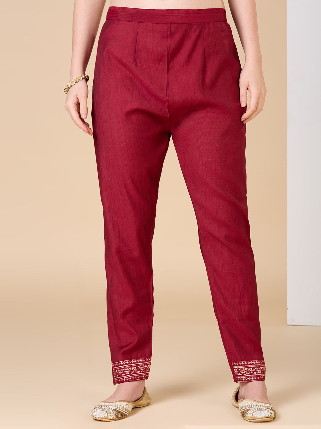 Ethnic Floral Printed Embroidered Straight Fit Kurta with Pant and Dupatta - Maroon