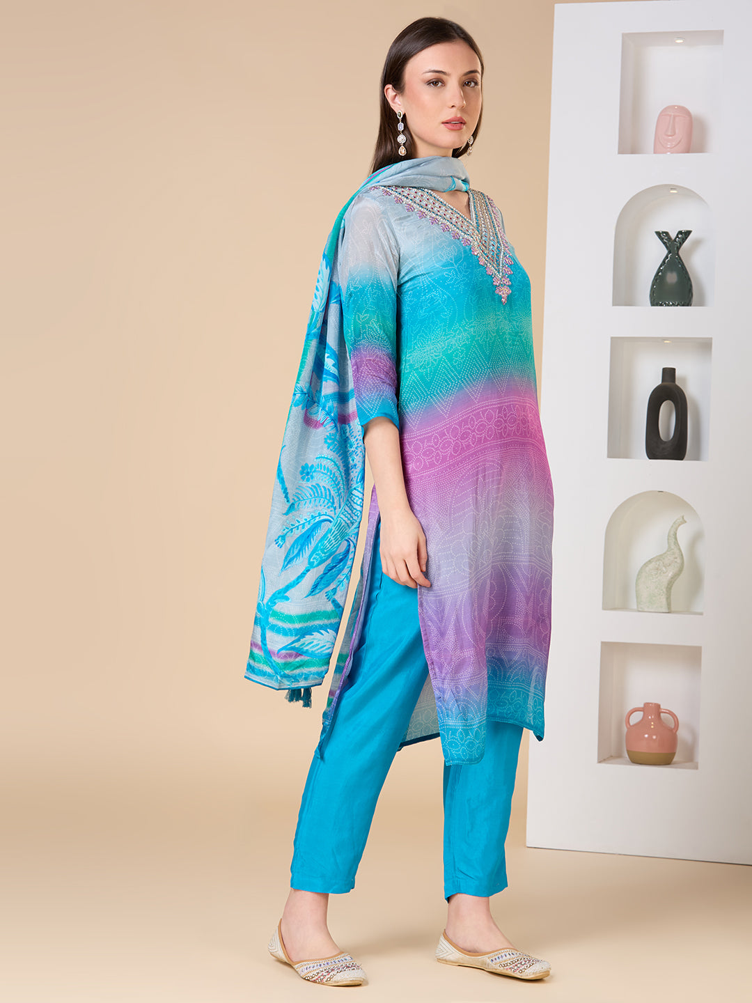 Ethnic Embroidered Bandhani Printed Straight Fit Kurta with Pant and Dupatta - Blue