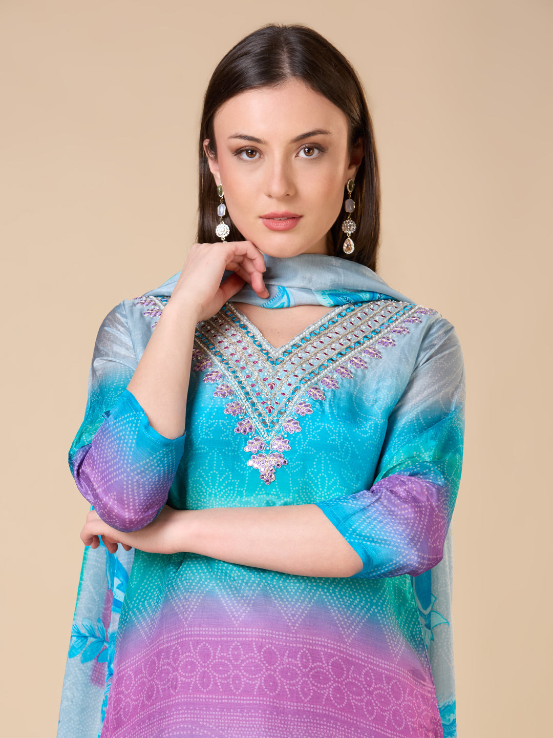 Ethnic Embroidered Bandhani Printed Straight Fit Kurta with Pant and Dupatta - Blue