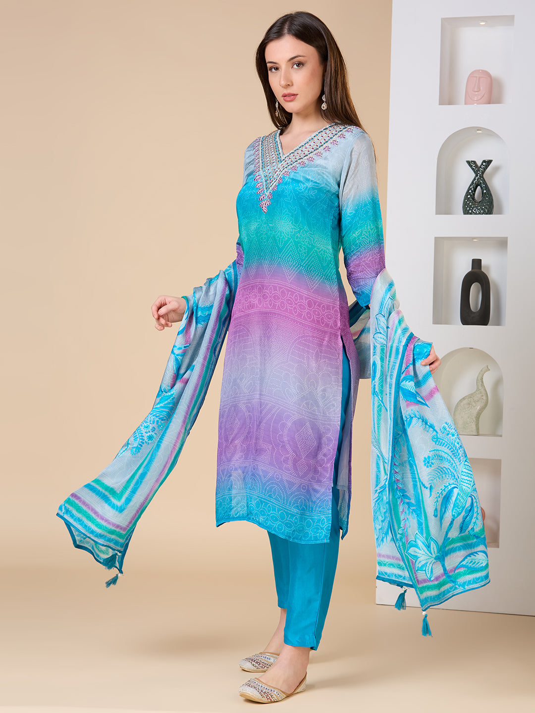 Ethnic Embroidered Bandhani Printed Straight Fit Kurta with Pant and Dupatta - Blue