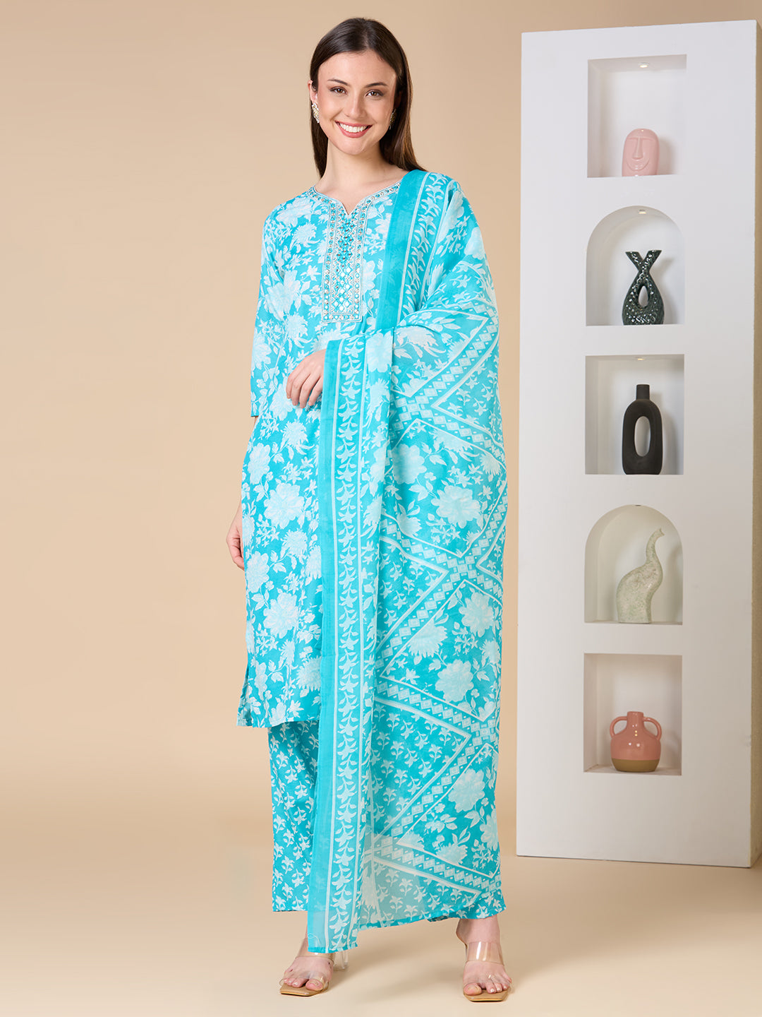 Ethnic Floral Printed Embroidered Straight Fit Kurta with Pant and Dupatta - Turquoise Blue
