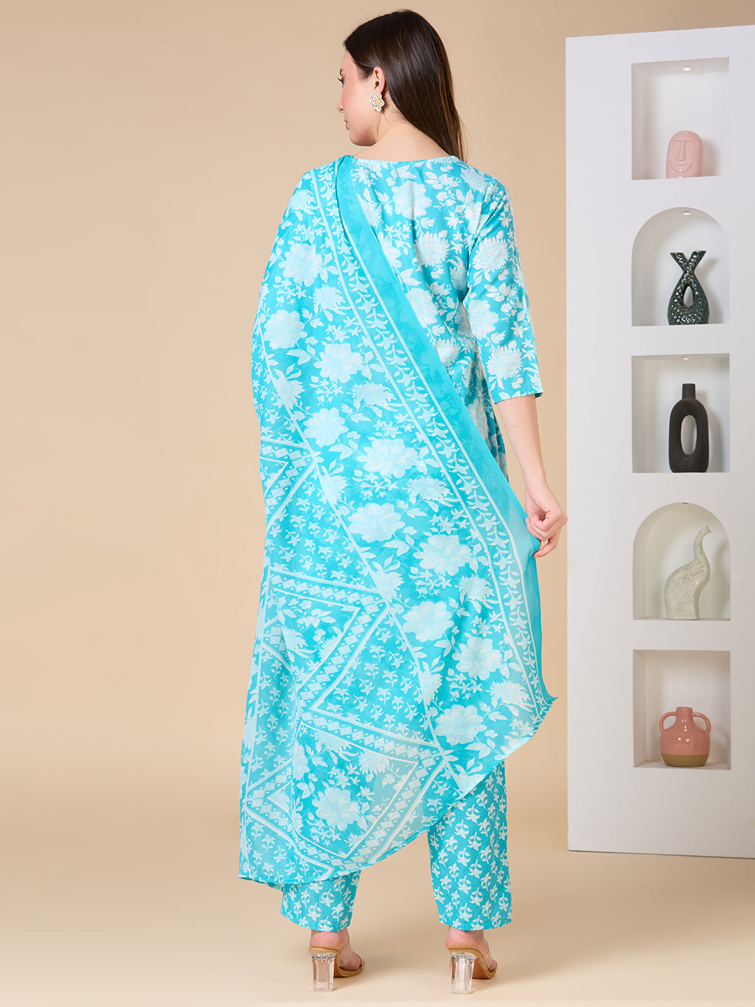 Ethnic Floral Printed Embroidered Straight Fit Kurta with Pant and Dupatta - Turquoise Blue