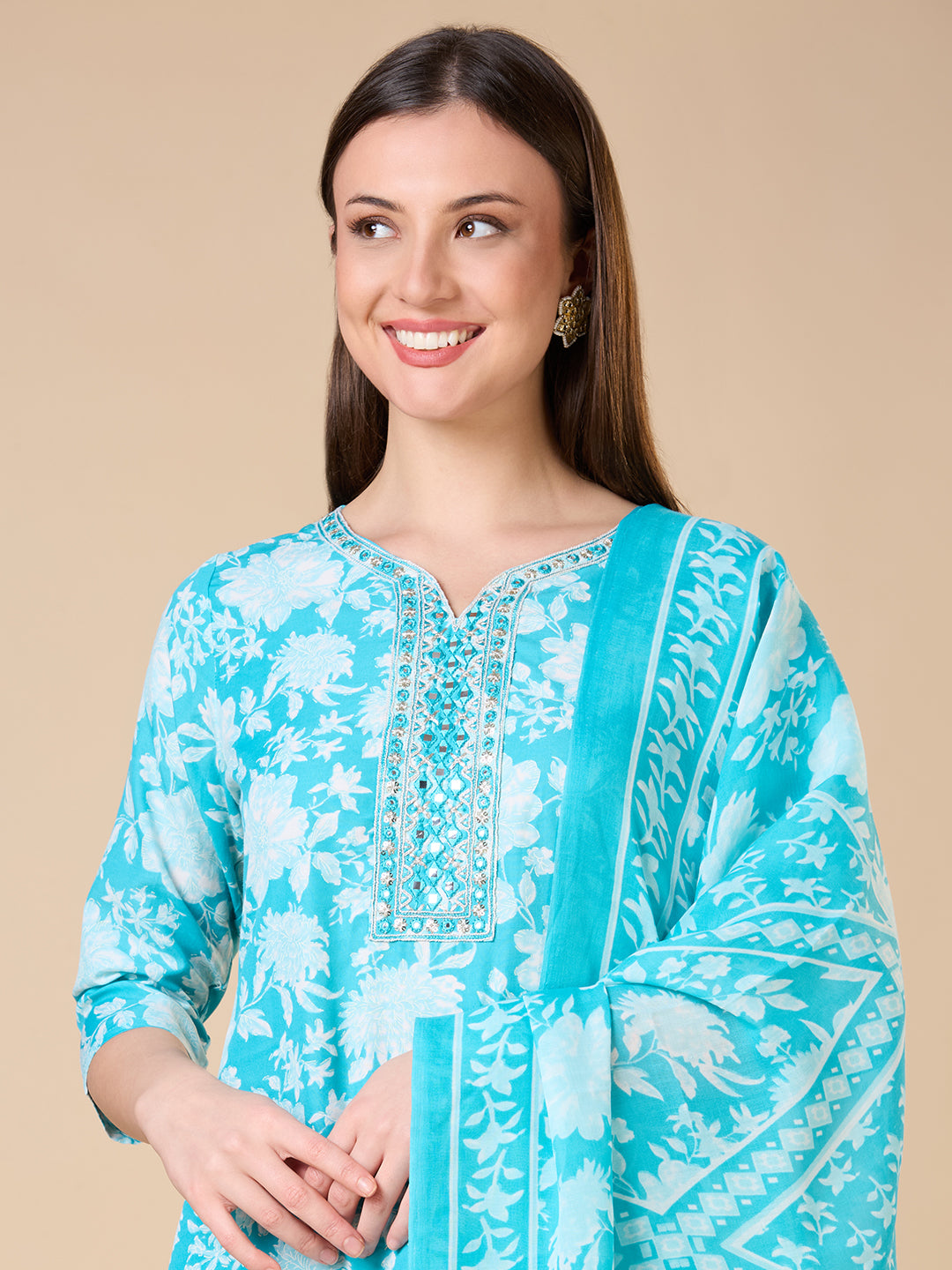Ethnic Floral Printed Embroidered Straight Fit Kurta with Pant and Dupatta - Turquoise Blue