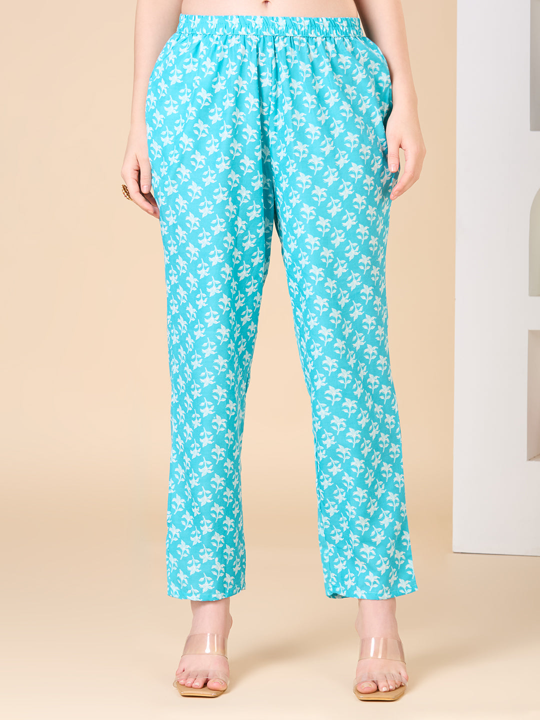 Ethnic Floral Printed Embroidered Straight Fit Kurta with Pant and Dupatta - Turquoise Blue