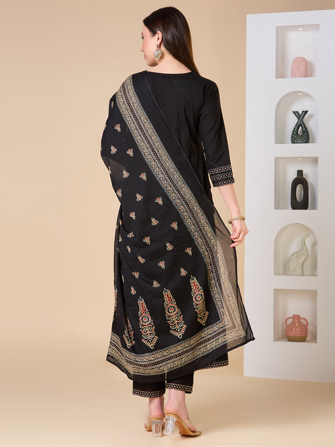 Ethnic Floral Printed & Embroidered Anarkali Kurta with Pant & Dupatta - Black