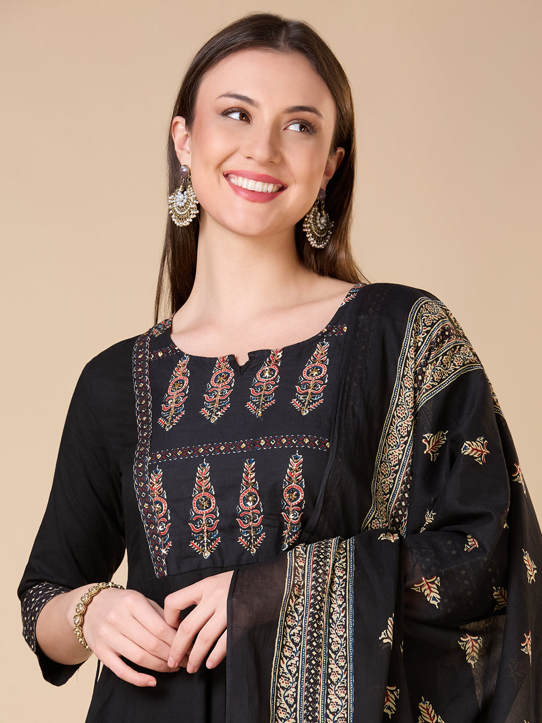 Ethnic Floral Printed & Embroidered Anarkali Kurta with Pant & Dupatta - Black