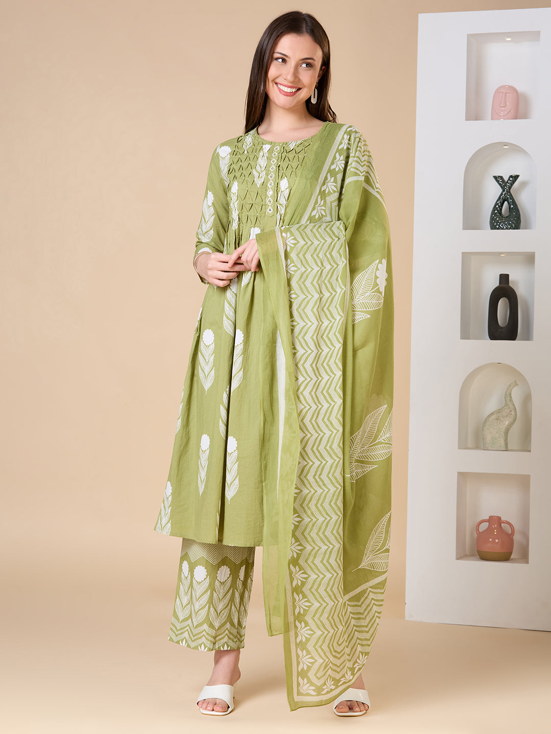 Floral Printed A-Line Shell Tucked Kurta with Palazzo & Dupatta - Green