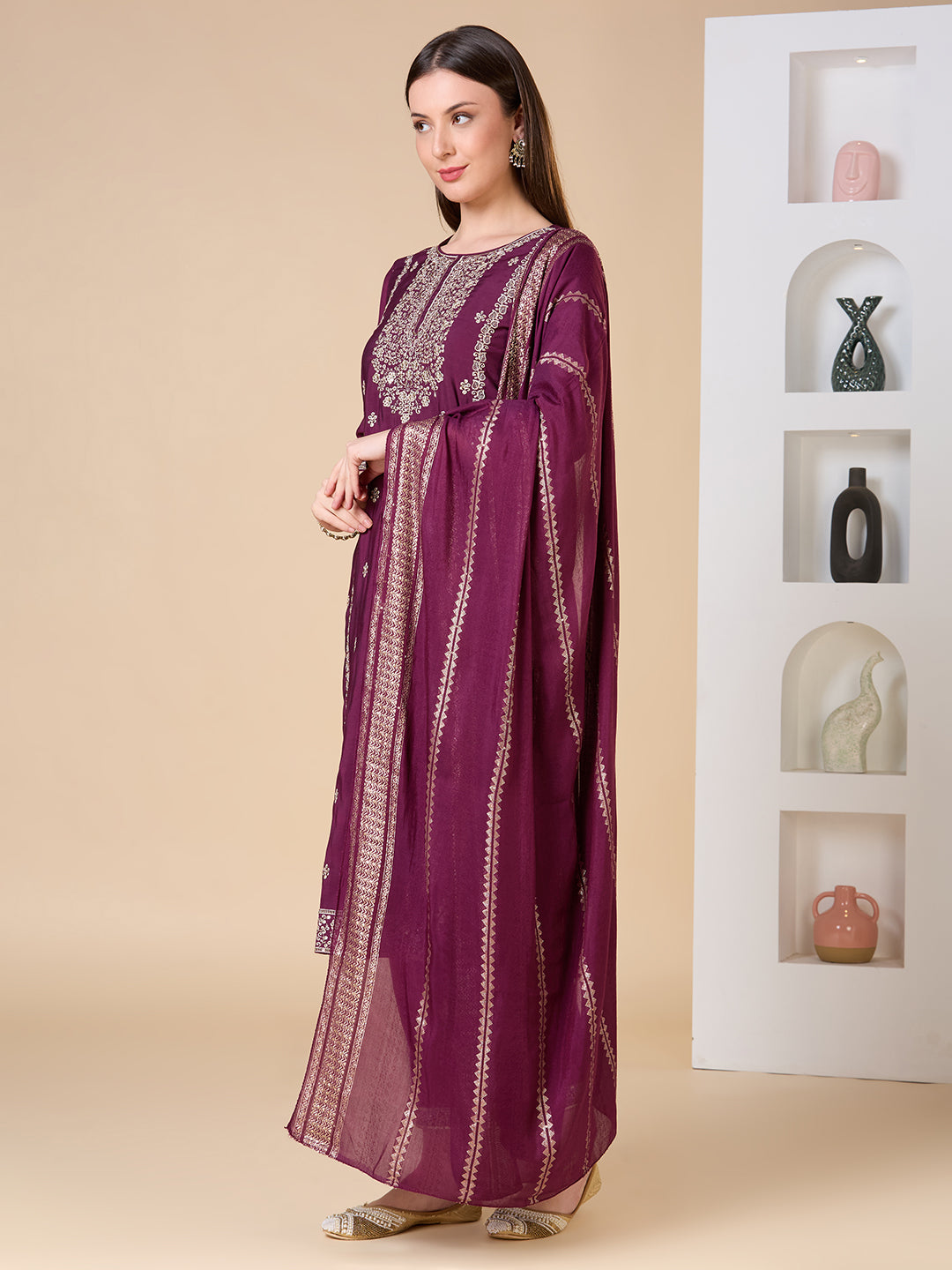 Solid Ethnic Zari Embroidered Straight Fit Kurta with Pant & Dupatta - Burgundy
