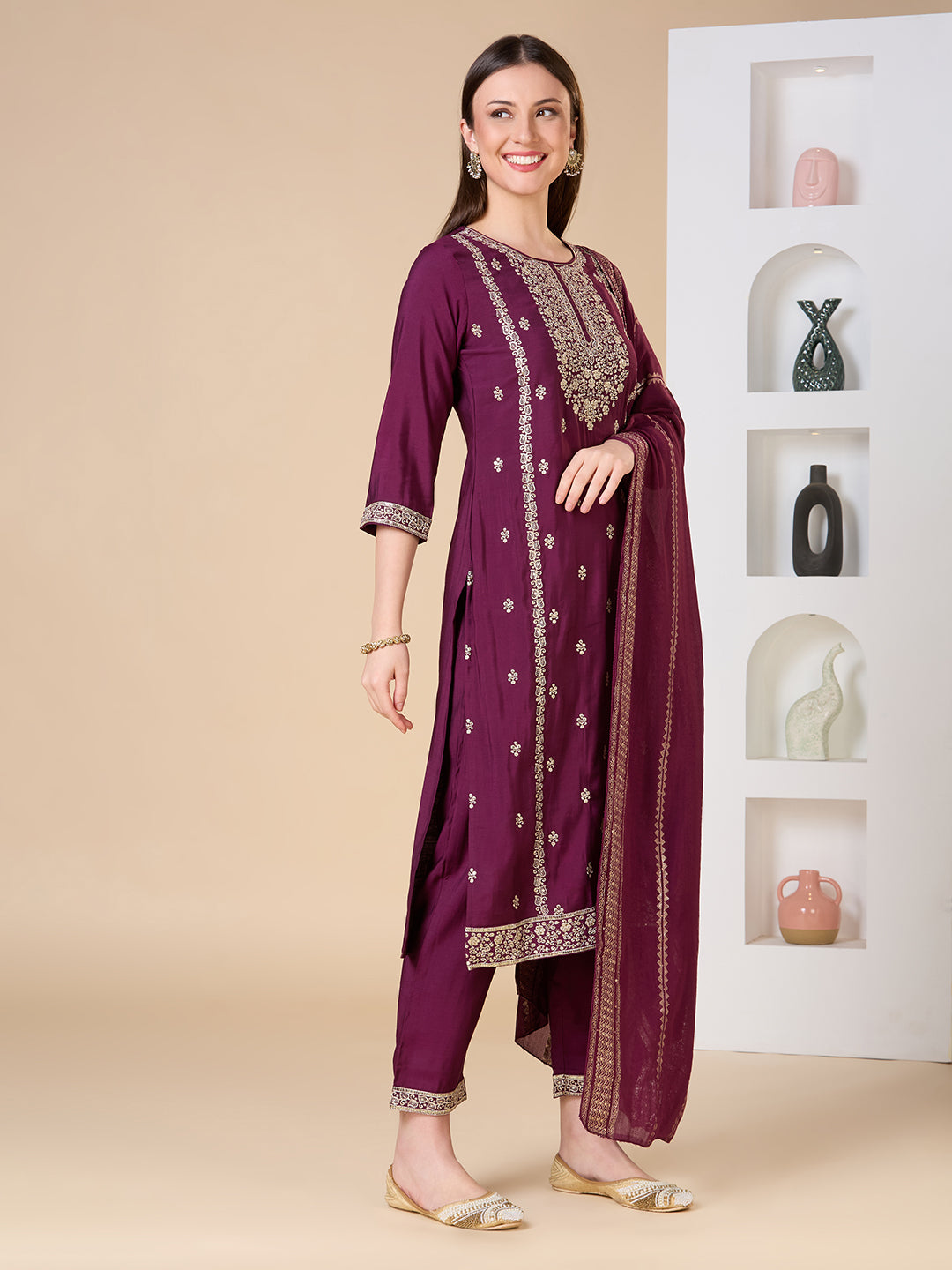 Solid Ethnic Zari Embroidered Straight Fit Kurta with Pant & Dupatta - Burgundy