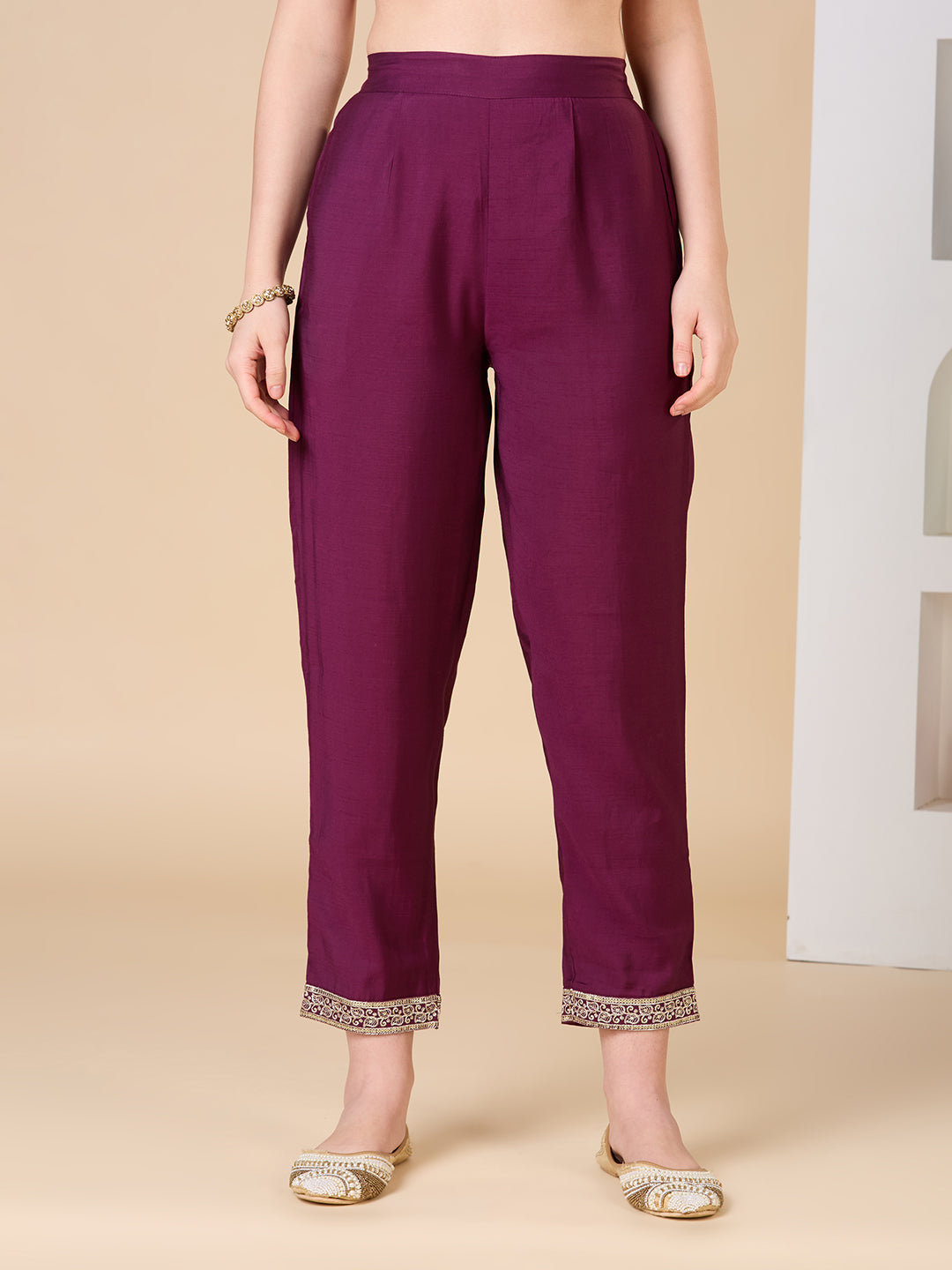 Solid Ethnic Zari Embroidered Straight Fit Kurta with Pant & Dupatta - Burgundy