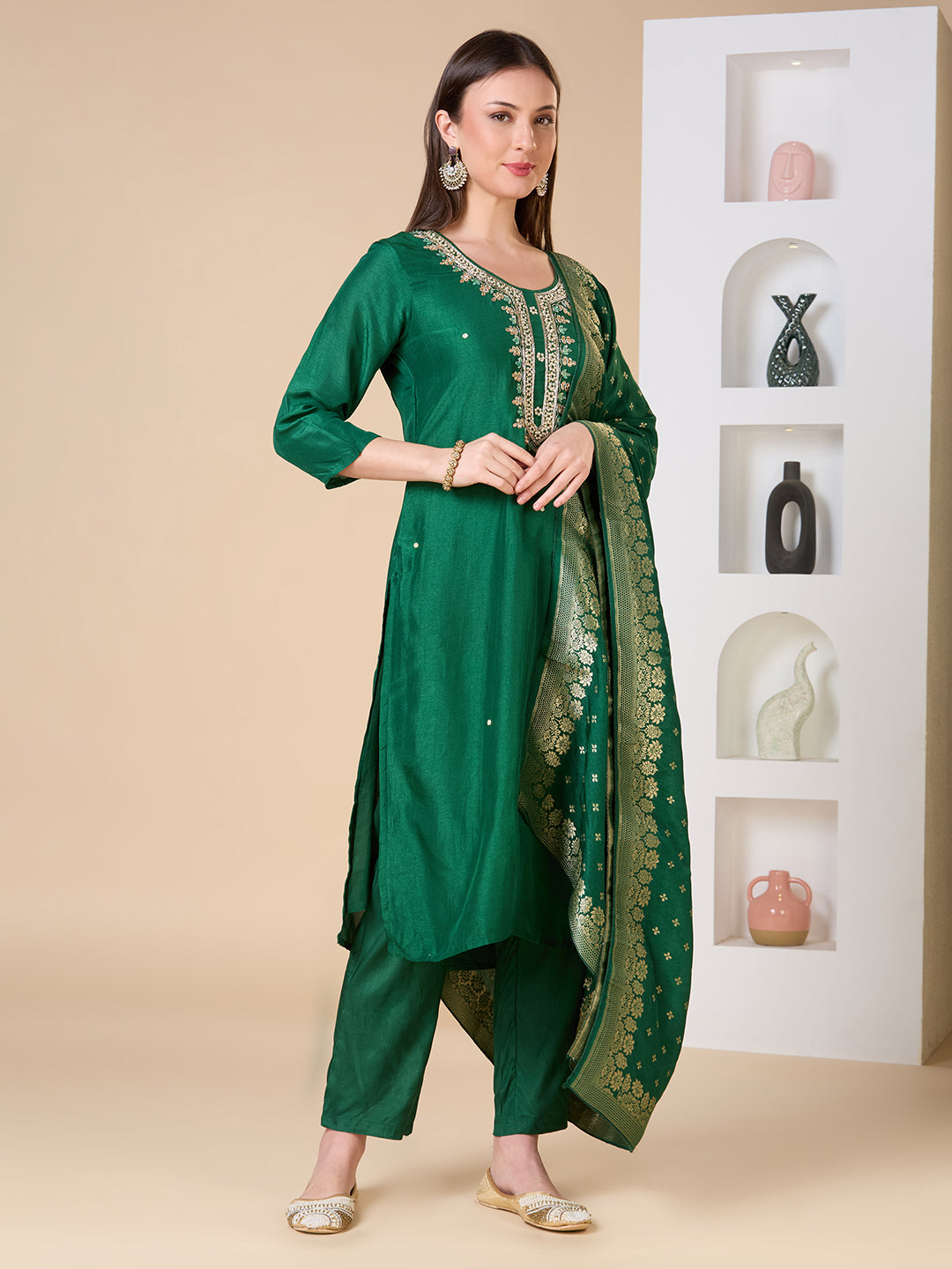 Floral Woven & Hand Embroidered Straight Kurta with Pant & Dupatta - Green