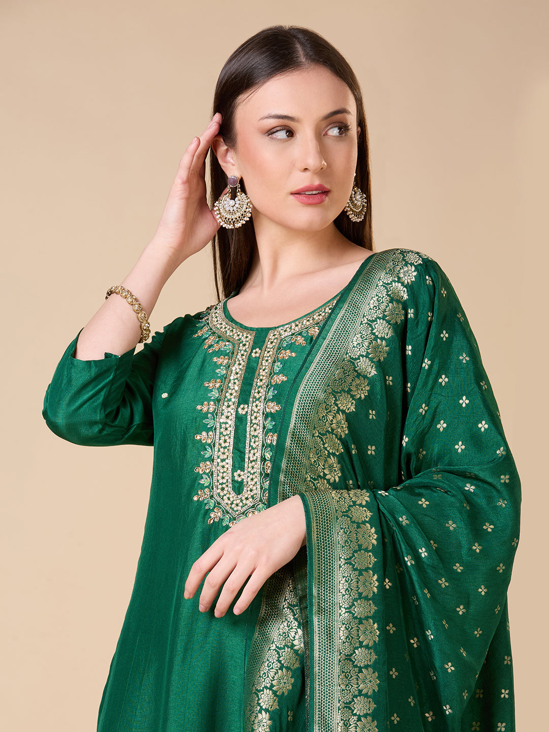 Floral Woven & Hand Embroidered Straight Kurta with Pant & Dupatta - Green