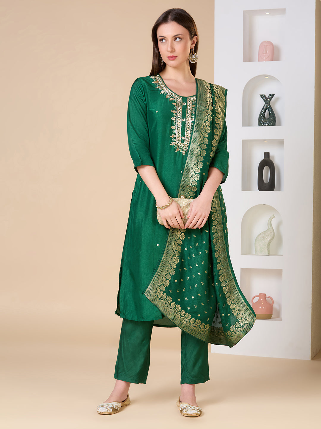 Floral Woven & Hand Embroidered Straight Kurta with Pant & Dupatta - Green