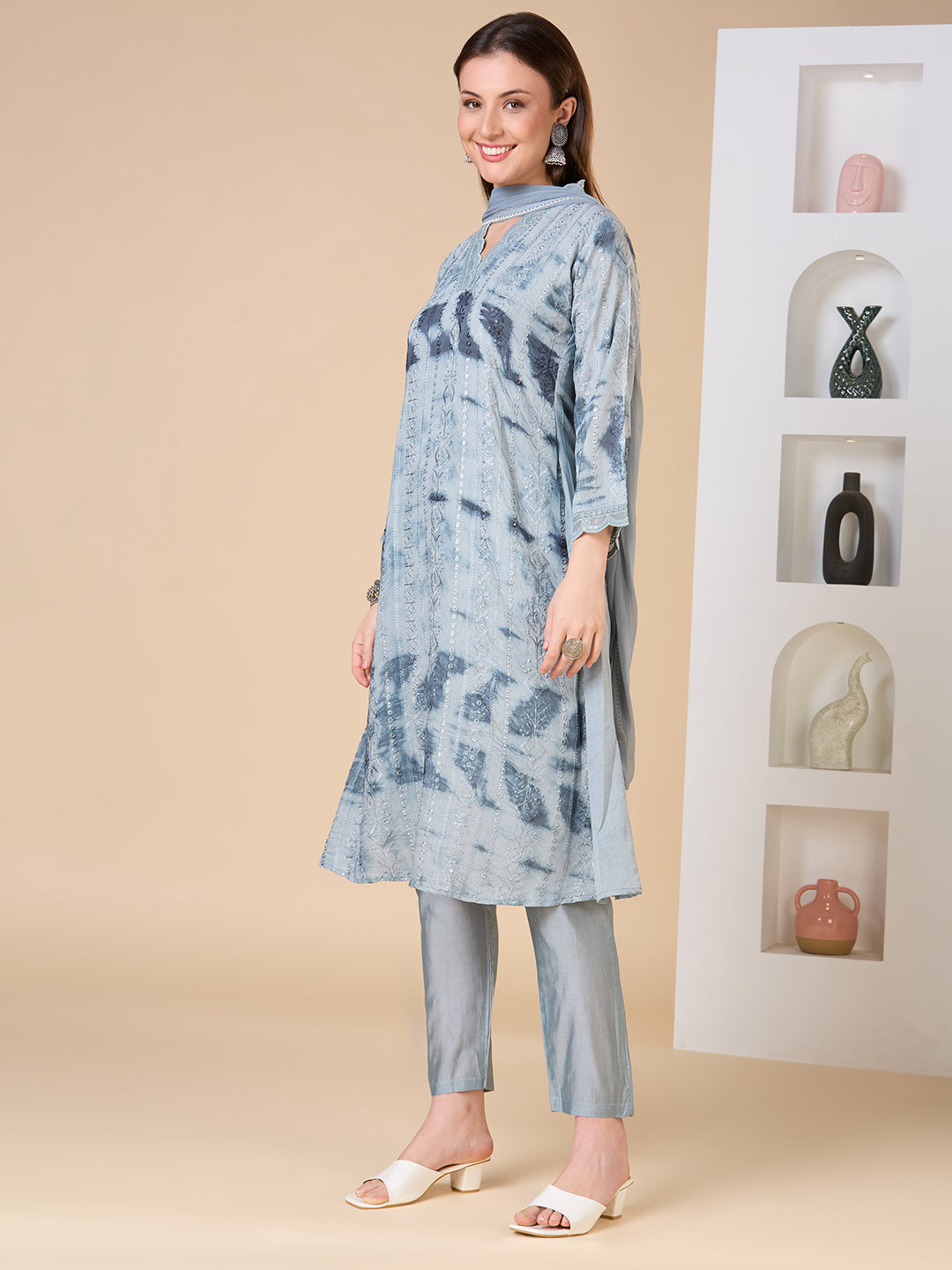 Solid Floral Embroidered A-Line Kurta with Pant and Dupatta - Grey