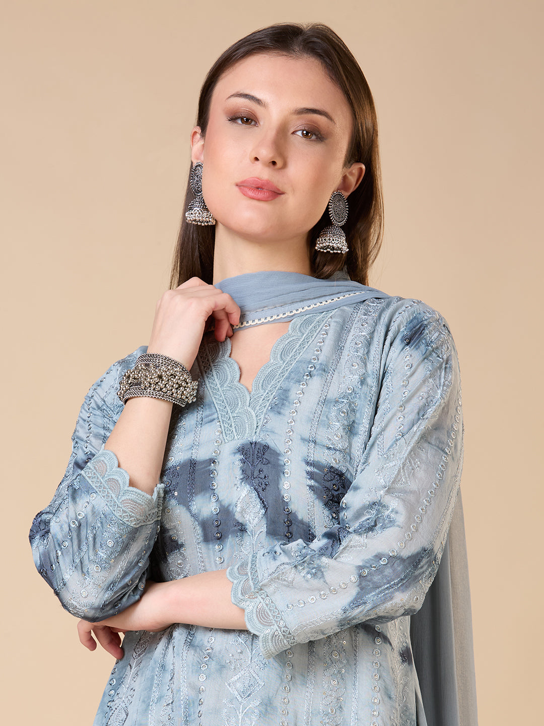 Solid Floral Embroidered A-Line Kurta with Pant and Dupatta - Grey