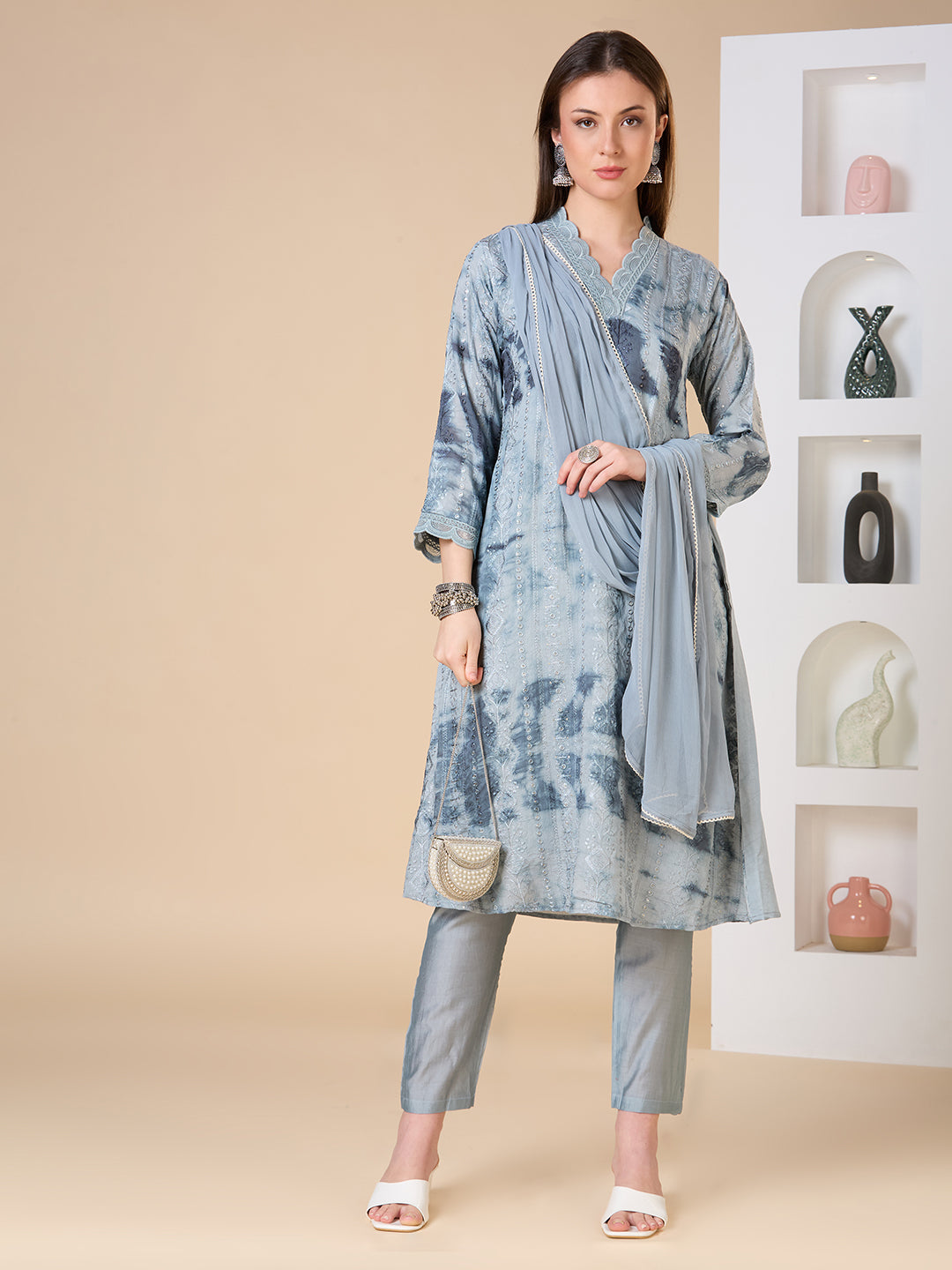 Solid Floral Embroidered A-Line Kurta with Pant and Dupatta - Grey
