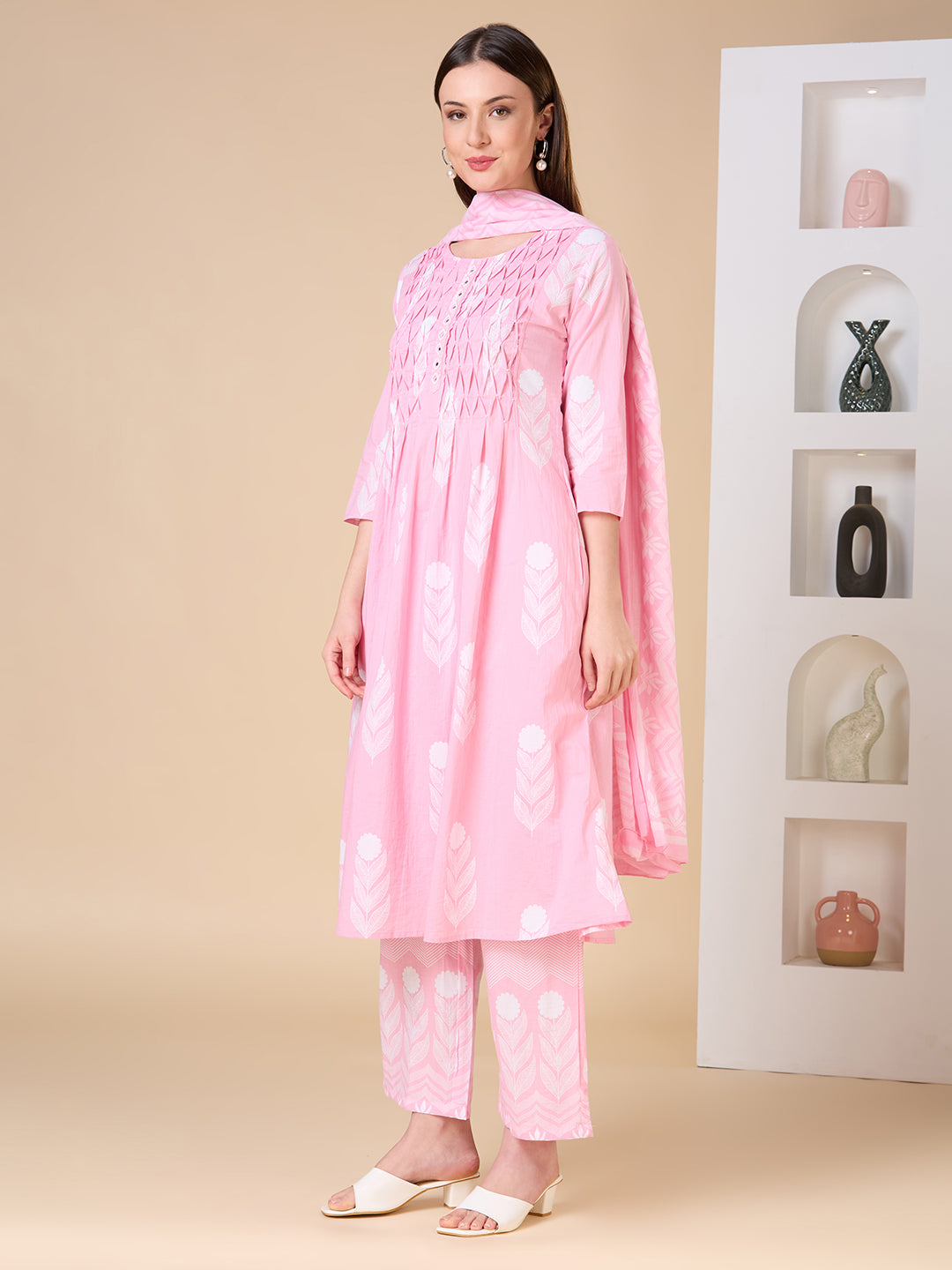Floral Printed A-Line Shell Tucked Kurta with Palazzo & Dupatta - Pink