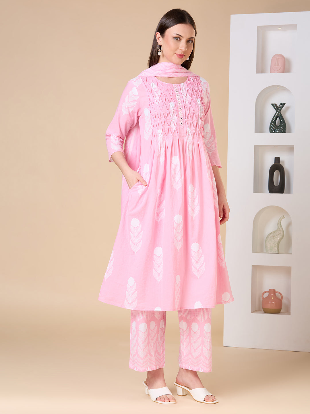 Floral Printed A-Line Shell Tucked Kurta with Palazzo & Dupatta - Pink