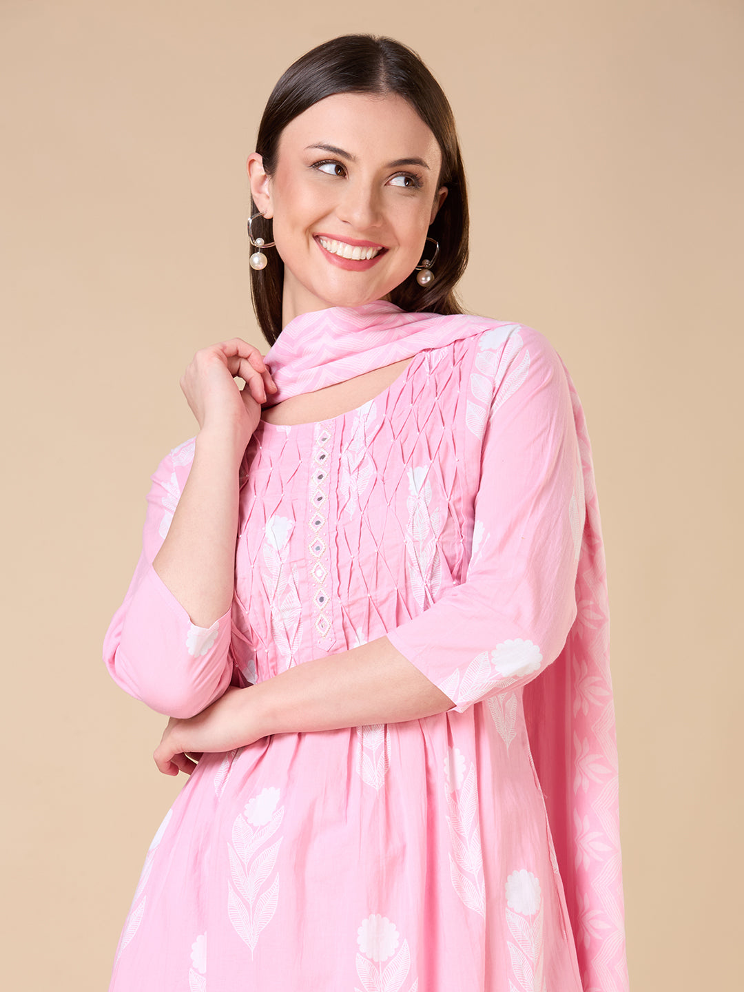 Floral Printed A-Line Shell Tucked Kurta with Palazzo & Dupatta - Pink