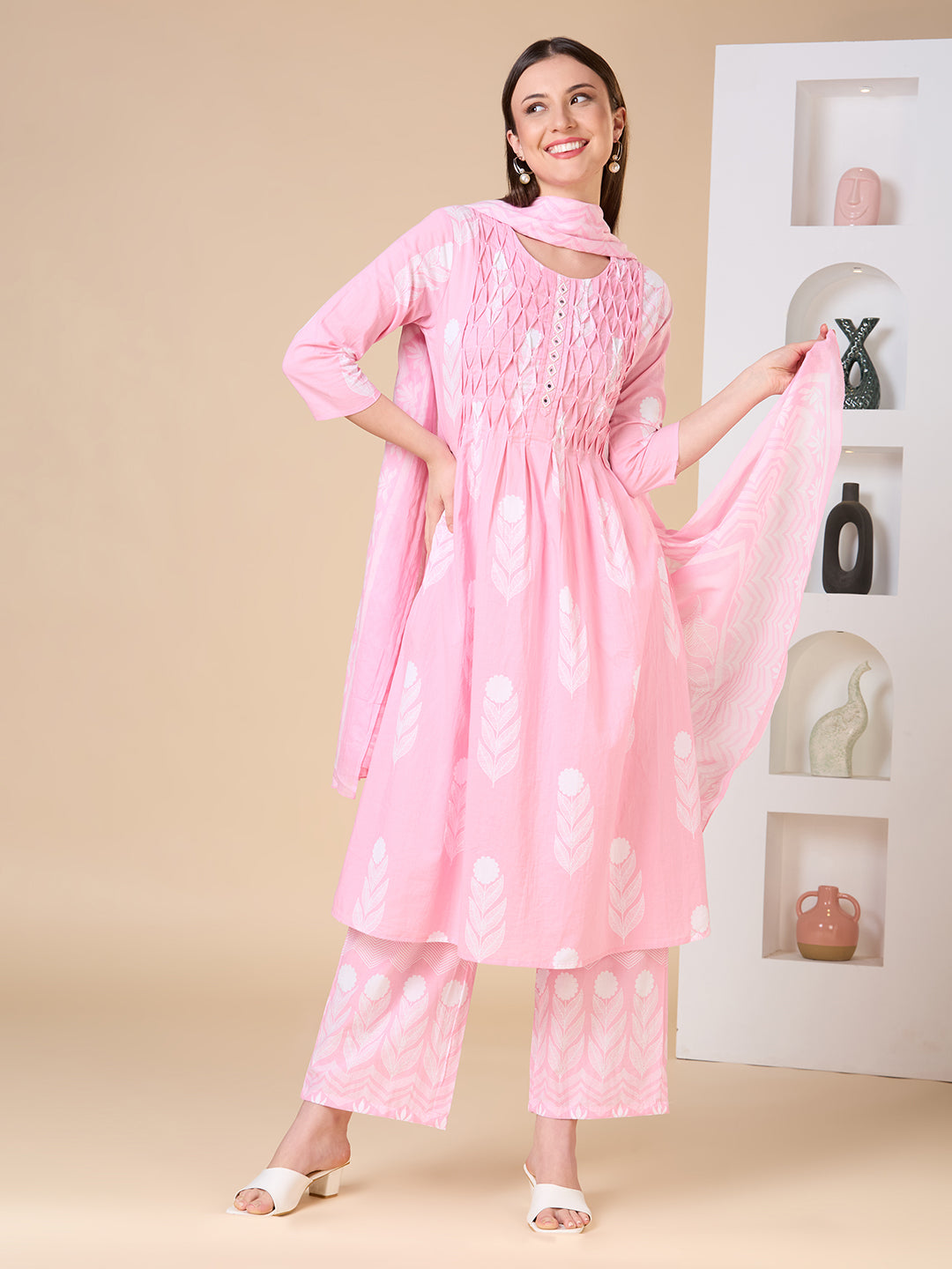 Floral Printed A-Line Shell Tucked Kurta with Palazzo & Dupatta - Pink